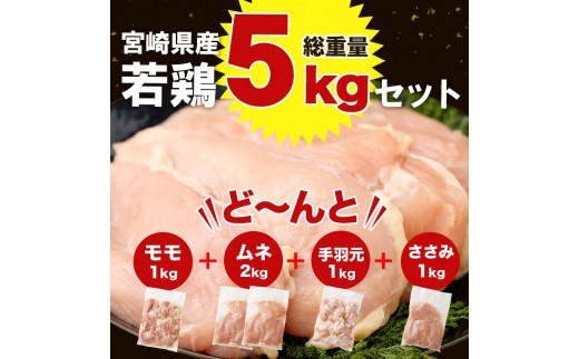 ふるさと納税 ［宮崎県産若鶏］モモ・ムネ・手羽元・ササミ 合計5kg ※90日以内出荷 宮崎県新富町 宮崎県産若鶏 4種 6.5kg  国産 九州産 宮崎県産 鶏肉セット ムネ肉