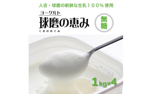 【熊本県相良村】球磨の恵みヨーグルト 砂糖不使用 1kg×4パック  