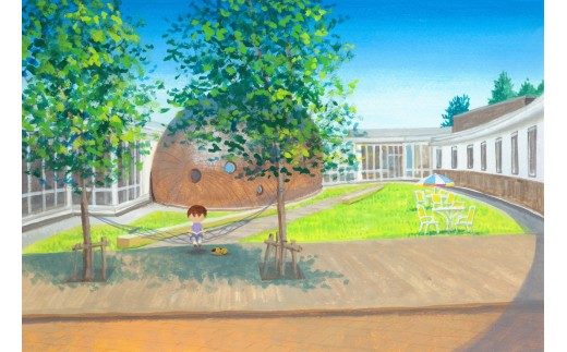 町の図書館「絵本の館」です。絵本の原画展や体験教室を数多く開催しています。カフェや木のプールもあり、子供も大人も楽しめる施設です