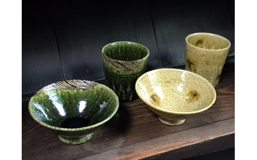 織部と黄瀬戸のごはん茶碗とカップのセット