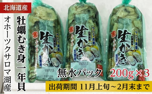 カキ むき身 1年貝 600g（200g無水パック×3） 佐呂間産 【丸サチ松永水産】 サロマ湖 北海道 オホーツク 佐呂間町 牡蠣 海鮮 魚介