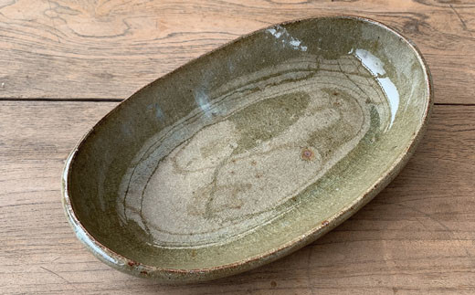 仲哀焼鏡山窯元】カレー皿 みかん灰 (縦 26.5cm / 横 15.5cm / 高さ