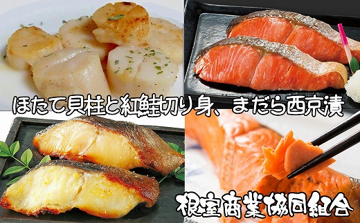 【北海道根室市】B-18013 ほたて貝柱、紅鮭切身、まだら西京漬