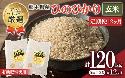 FKK19-349 【12回定期便】有機肥料使用の安心ひのひかり玄米10kg（5kg×2袋）