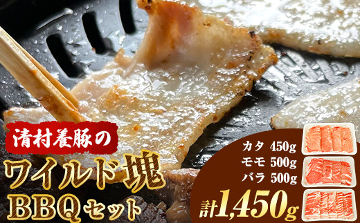 【熊本県御船町】ワイルド塊BBQセット 計1450g 清村養豚 《30日以内に出荷予定(土日祝除く)》  熊本県 御船町 豚 肉 冷凍 小分け カタ モモ バラ