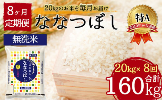 北海道 定期便 8ヵ月連続8回 令和5年産 ななつぼし 無洗米 5kg×4袋 特A 米 白米 ご飯 お米 ごはん 国産 ブランド米 時短 便利 常温  お取り寄せ 産地直送 送料無料 [№5783-0733]