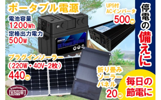 ポータブル電源（電池容量1200Wh 定格出力電力500W）＋プラグインソーラー440W（220W・40V-2枚）＋折り畳みソーラーパネル20W（1枚）＋UPS付ACインバータ500W＞6か月以内に順次出荷  - 宮崎県国富町｜ふるさとチョイス - ふるさと納税サイト