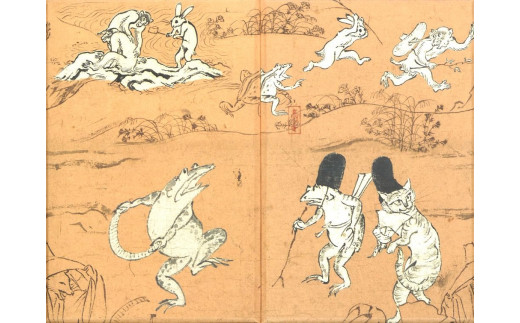 芸艸堂】和綴じ製本の御朱印帳（鳥獣戯画・猫）＆てぬぐい（青地