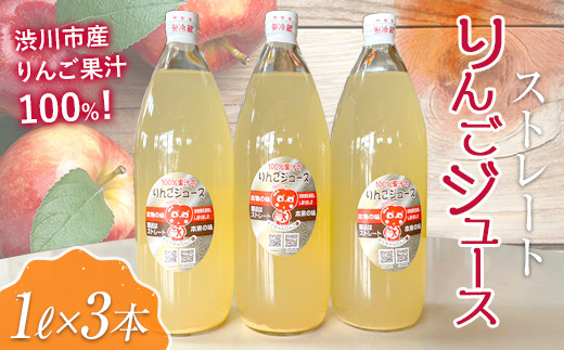渋川のおいしいりんごで作ったストレートりんごジュース（1L×3本