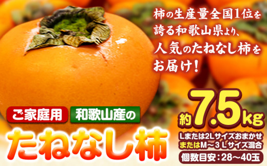 ご家庭用】和歌山産のたねなし柿約7.5kg Lまたは2Lサイズおまかせ