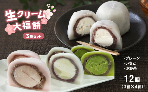 生クリーム大福餅 3種 ( プレーン ・ 苺 ・ 小野抹茶 ) 12個 入