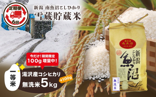 【6ヶ月定期便】令和5年産 【湯沢産コシヒカリ】 雪蔵貯蔵米 ＜無洗米＞5kg 精米したてのお米をお届け 【期間限定 100g増量中！】