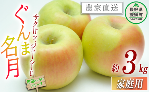 りんご ぐんま名月 家庭用 3kg 沖縄県への配送不可 2023年11月上旬頃から2023年12月上旬頃まで順次発送予定 町田さんちのりんご 長野県  飯綱町 [1494]