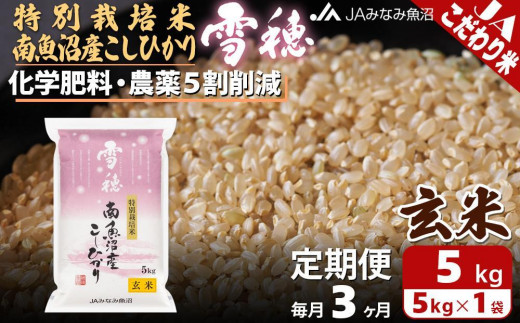 JAみなみ魚沼定期便】特別栽培米南魚沼産こしひかり「雪穂」玄米（5kg