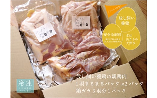 放し飼い養鶏の親鶏肉1羽分まるまるパック×2パック＋鶏ガラ3羽分×1