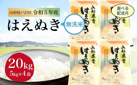 令和5年産 山形県戸沢村 厳選 はえぬき 【無洗米】 20㎏（5kg×4袋） ＜配送時期指定可＞