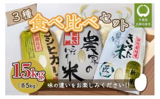 千葉県 大網白里市産 食べ比べセット15kg（コシヒカリ5kg、こだわり米（コシヒカリ）5kg、きちた米5kg） 特別栽培米 お米 食べ比べ 千葉県産  大網白里市 コシヒカリ 米 精米 こめ 送料無料 - 千葉県大網白里市｜ふるさとチョイス - ふるさと納税サイト