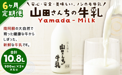 6ヶ月定期便】山田さんちの牛乳 2本セット 900ml×2本 計6回 合計10.8L