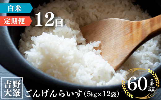 定期便】 奈良のお米のお届け便 5kg×1年分 （12回） - 奈良県吉野町