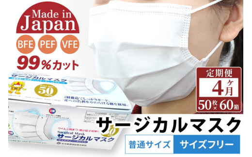 定期便4ヶ月》国内製造 高性能サージカルマスク 普通サイズ 50枚入り