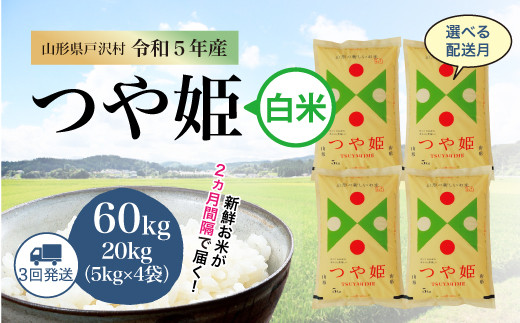 令和5年産 特別栽培米 つや姫【白米】 定期便 60㎏（20kg×2カ月間隔で3