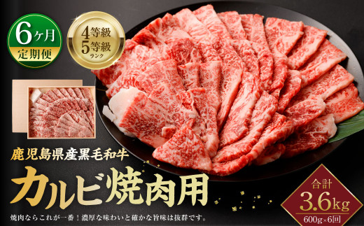 【9月30日受付終了】【6ヶ月定期便】鹿児島県産 黒毛和牛 カルビ 焼肉用 600g ×6回 計約3.6kg 牛肉 4等級・5等級ランク