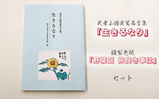 No.090 武者小路実篤名言集『生きるなり』と複製色紙「野菜図　仲良き事は」セット ／ 元気 本 実篤記念館所蔵作品 東京都