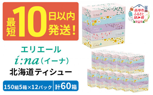 エリエール 北海道 ティシュー 150組 5箱×12パック 計60箱 i:na イーナ