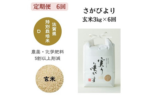 【定期便6回】令和4年産「実り咲かす」特別栽培さがびより 玄米 計18kg：B047-013