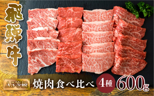 A5等級 飛騨牛 焼肉 4種 食べ比べセット 計600g 赤身 霜降赤身 カルビ
