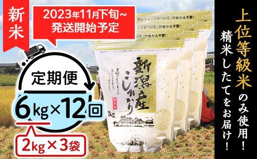 K63【3ヶ月連続お届け】新潟県産コシヒカリ6kg（2kg×3袋） - 新潟県