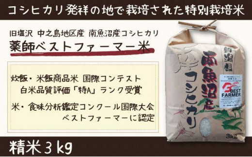 【令和5年産 新米】新潟県 南魚沼産 コシヒカリ お米 こしひかり 精米 白米 のし 贈り物 熨斗 贈答用 令和5年産 旧塩沢町 中之島地区産  薬師ベストファーマー米 3kg