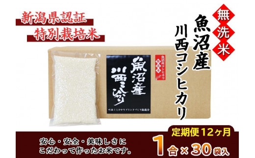 定期便／全12回】無洗米 魚沼産こしひかり1合×30袋 新潟県認証特別栽培