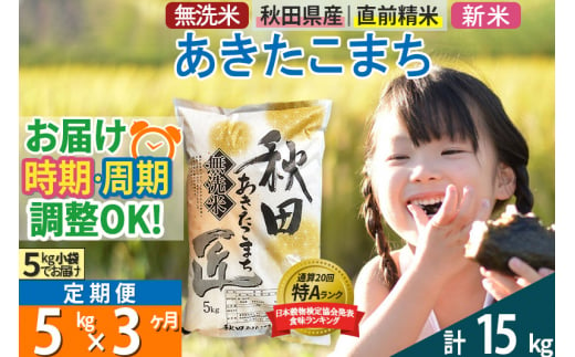 【無洗米】＜新米＞《定期便3ヶ月》秋田県産 あきたこまち 5kg (5kg×1袋) ×3回 令和5年産 発送時期が選べる 周期調整OK 隔月配送OK  お米