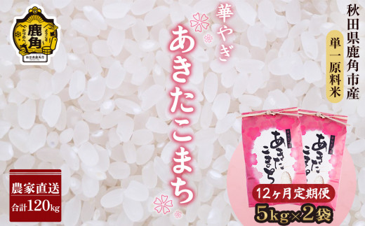 【定期便】秋田県鹿角市産 ～華やぎ～ あきたこまち 10kg（5kg×2袋）×12ヶ月／計120㎏【豊田農園】●2023年10月中旬発送開始　お米 米  あきたこまち 令和5年産 精米 白米 こだわり 農家直送 産地直送 秋田県 秋田 あきた 鹿角市 鹿角 かづの 10kg 10Kg 10KG