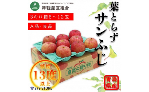 糖度13度以上 葉とらずサンふじ A品 3キロ箱6～12玉 津軽産直