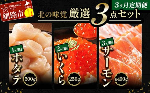 北の味覚海鮮3点定期便 いくら250g サーモン400g ほたて500g 海鮮丼