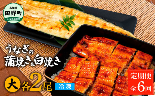 【高知県田野町】田野町産うなぎの蒲焼き(大)+うなぎの白焼き(大) 各2尾×6回 定期便 6ヶ月 定期コース 1尾あたり120〜150g タレ付き 山椒付き うなぎ 鰻 ウナギ 蒲焼き かば焼き 白焼 国産 冷凍