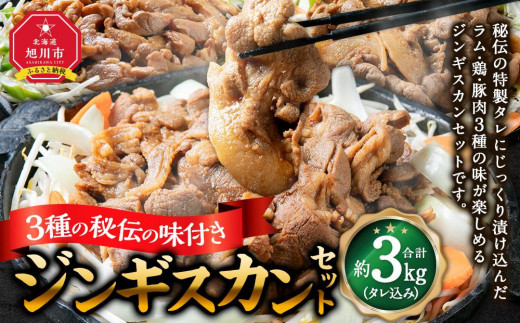 3種ジンギスカン 【 ジンギスカン ラムジンギスカン 鶏ジンギスカン 豚ジンギスカン 羊肉 ラム肉 ラム 焼肉 BBQ バーベキュー 味付き 味付き肉  タレ 厚切り 厚切 アウトドア キャンプ お取り寄せ 冷凍 小分け 保存 旭川市 北海道 ふるさと納税 送料無料 】_01671 - 北海道 ...