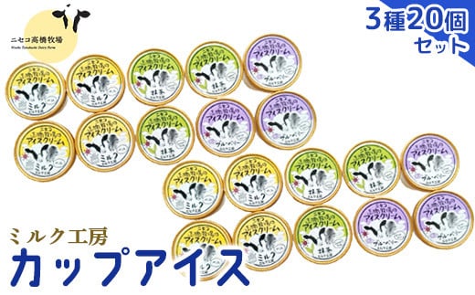 【北海道ニセコ町】ニセコ高橋牧場ミルク工房 カップアイス3種20個セット【0311501】