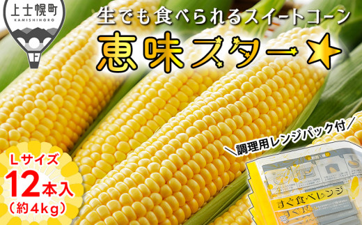 北海道 とうもろこし 12本 約4kg 調理用レンジ袋付き｜北海道産スイートコーン 恵味スター☆ Lサイズ＜計12本＞ ◇2024年09月配送予定  ［012-V62］ ※オンライン申請対応 北海道上士幌町｜ふるさとチョイス ふるさと納税サイト