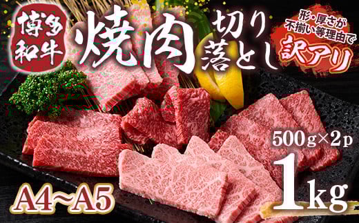 【福岡県粕屋町】訳あり!【A4〜A5】博多和牛焼肉切り落とし(肩ロース・バラ) 1kg(500g×2p) AO040
