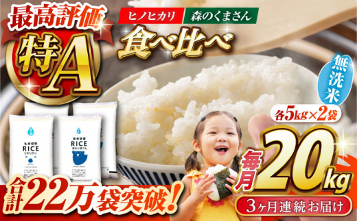 3回定期便】 ヒノヒカリ 森のくまさん 無洗米 食べ比べセット 20kg（各