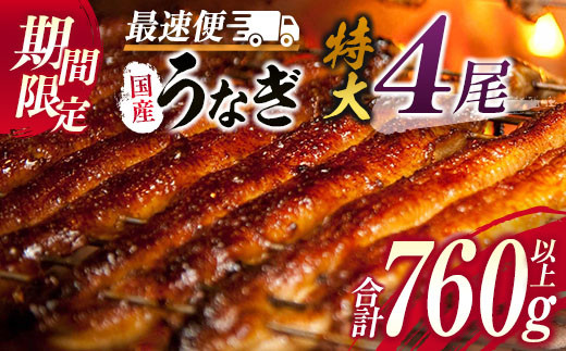 高評価!!＞うなぎ 国産 鰻 蒲焼 数量限定 特大＆最速便 2週間以内に配送 4尾 計760g以上 無頭 魚介 贈答品 ギフト 丑の日 土用 ウナギ 鰻楽【C388】  - 宮崎県新富町｜ふるさとチョイス - ふるさと納税サイト