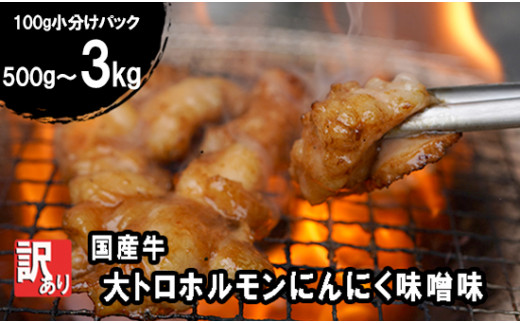 訳あり 】 国産牛 大トロホルモン にんにく味噌味 500g 1kg / 1.5kg / 2kg / 3kg 100g 小分け パック ニンニク  ガーリック 味噌味 ホルモン 焼き 焼肉 味付 小分け 冷凍 味噌だれ 不揃い 焼き肉 炒め物 国産 牛