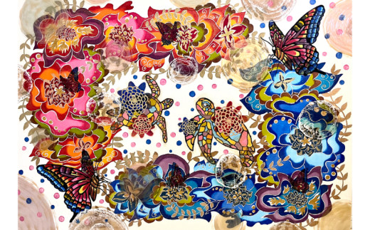 玉那覇紅型工房】額装「流水に松竹梅鶴亀」 〇 伝統工芸品 琉球