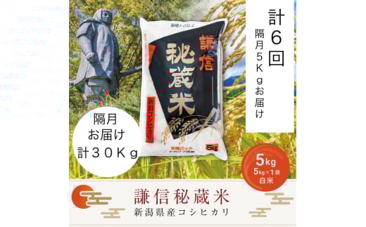 【新潟県上越市】【先行予約|10月上旬より順次出荷】定期便隔月発送(5kg×6回分)5kg 米 新潟県産 コシヒカリ  精白米 謙信秘蔵米  お米  こめ コメ おこめ おすすめ こしひかり 新潟 にいが