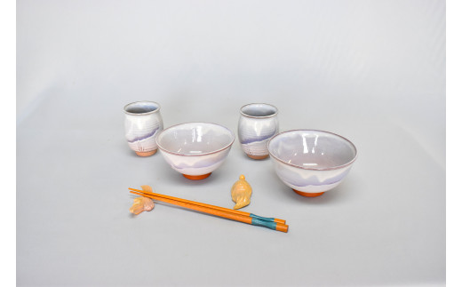萩焼 萩むらさき福の器揃い(ご飯茶碗・湯呑・鶴亀箸置きセット