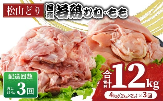 【愛媛県松山市】【定期便3回】松山どり むね 2kg×1パック もも肉 2kg×1パック ×3回 計12kg | 定期便 国産 鶏肉 小分け 若鶏 冷凍 愛媛県 松山市 株式会社ビージョイ