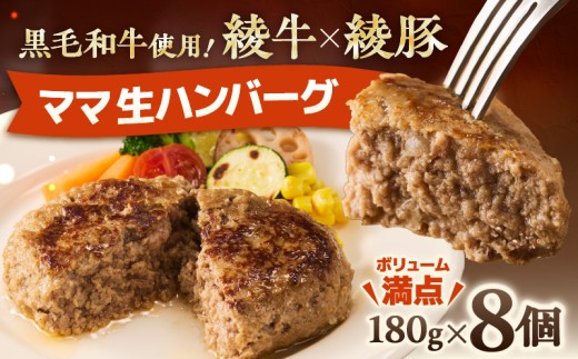 綾のママ・ハンバーグ 180g×8個 黒毛和牛 綾牛×綾豚 粗びき 生